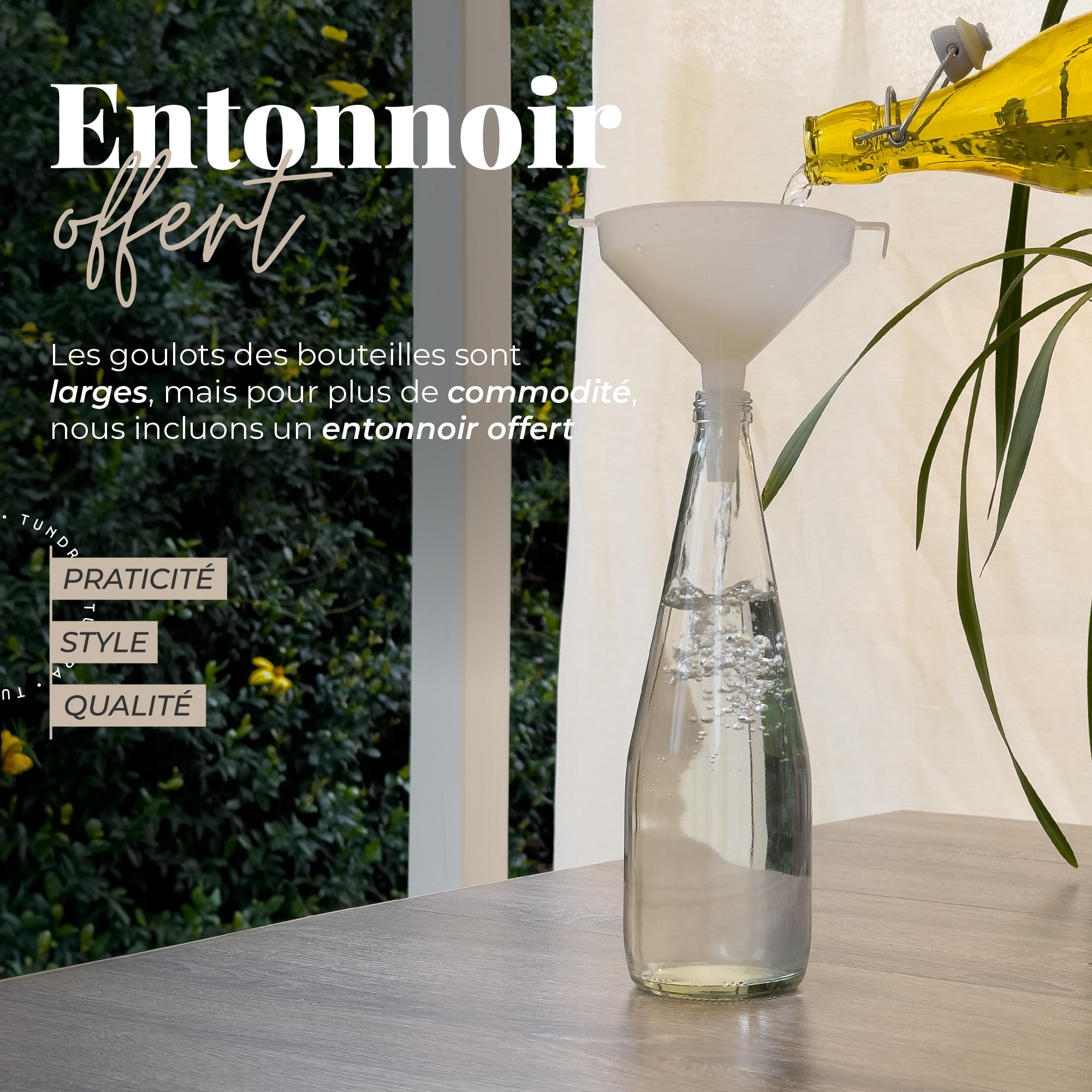 TUNDRA - Lot de 6 Bouteille Verre 75cl avec 6 Bouchons à Vis et 1 Entonnoir | Ligne CONIC | Bouteilles en Verre MADE IN ITALY, Résistantes et Lavables au Lave-Vaisselle - Pour l'Eau, la Limonade