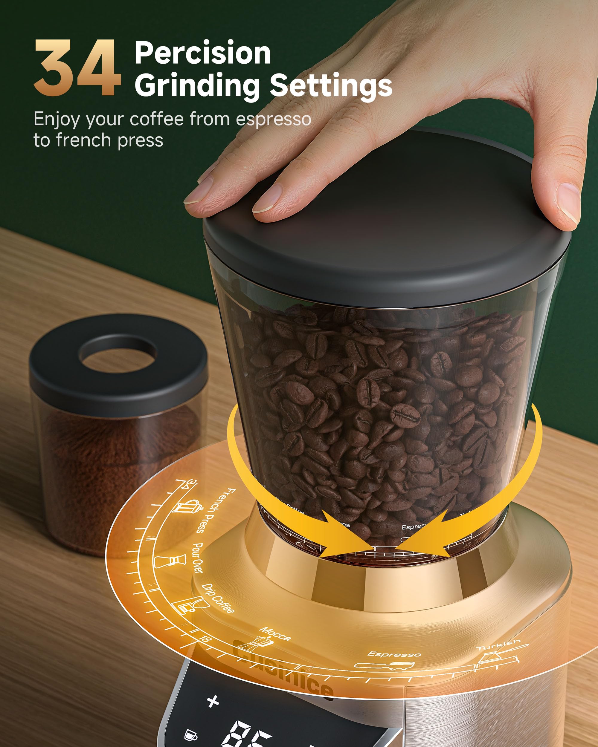 Molinillo de café cónico – Molinillo eléctrico de espresso con 34 ajustes precisos – antiestático para uso doméstico, tolva de 320.3 g, acero inoxidable, plateado