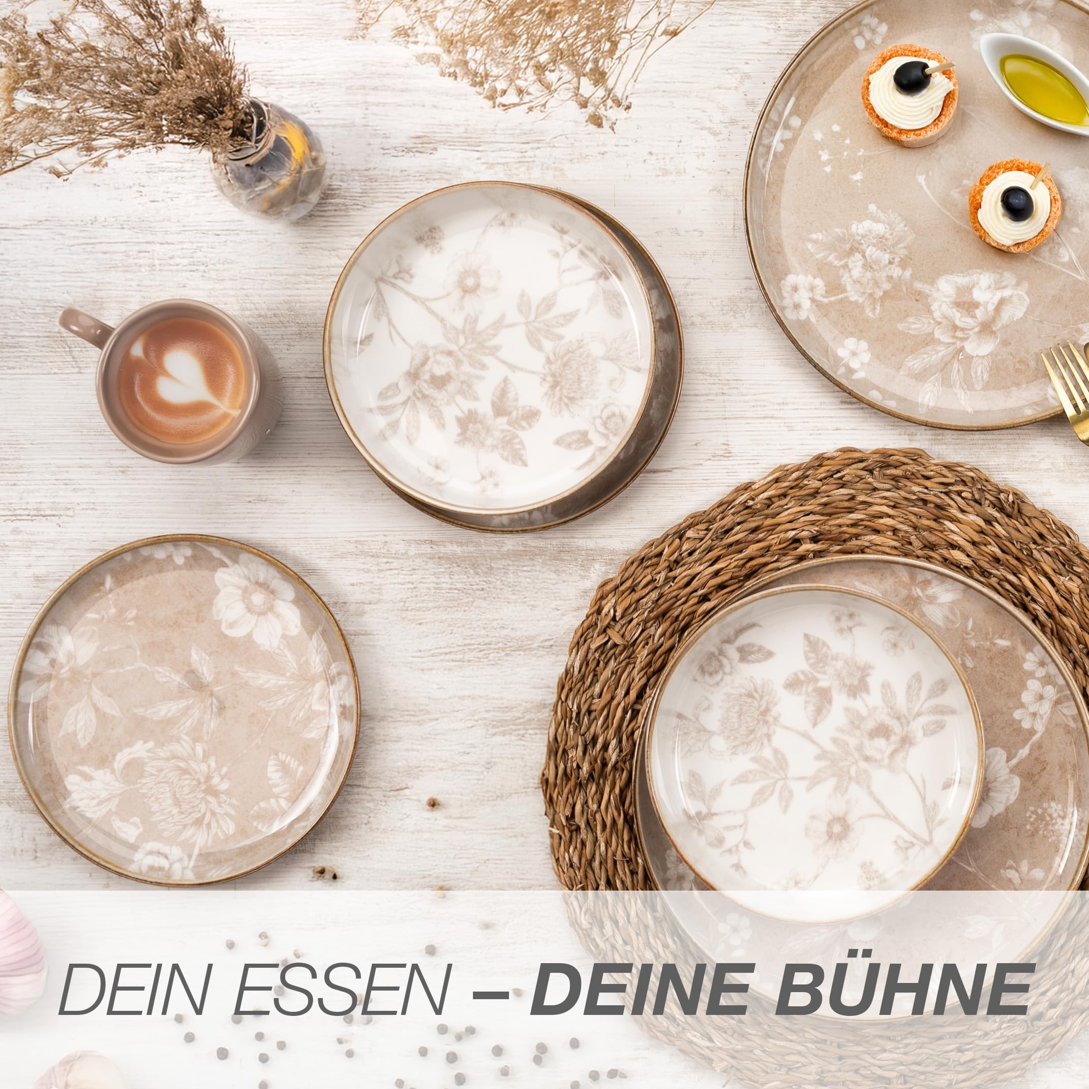 Moritz & Moritz MARIELLA Steingut Geschirrset 6 Personen 24-tlg. - Modernes Tafelservice in Beige mit verspieltem Design, Pflegeleichtes Kaffeeservice mit Teller Set, Schüsseln & Tassen - Kombiservice