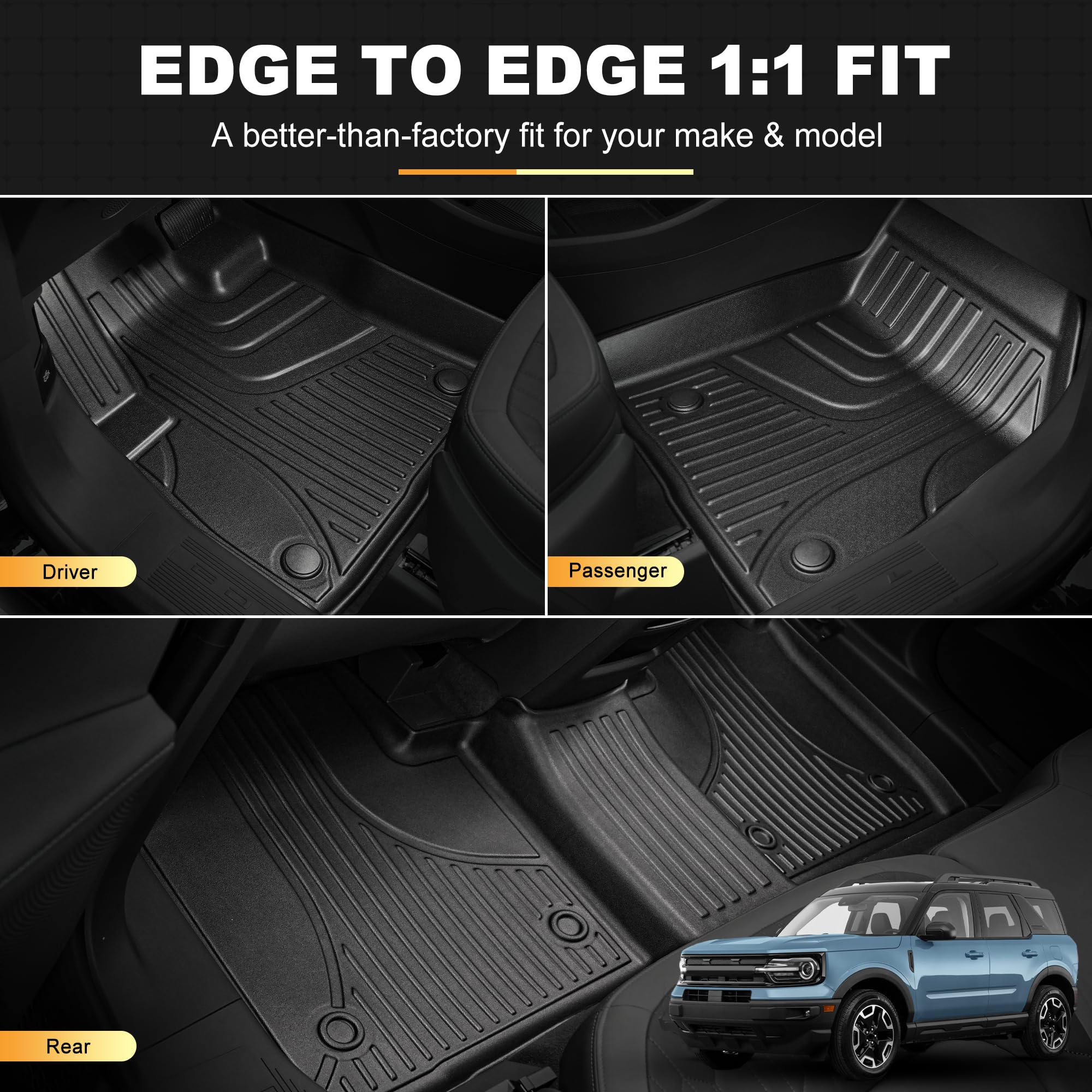 AOMSAZTO Dywaniki samochodowe do Ford Bronco Sport 2021 2022 2023, wytrzymałe maty podłogowe TPE na każdą pogodę, 1. i 2. rząd pełny zestaw gumowych wykładzin podłogowych, antypoślizgowe maty samochodowe, czarne
