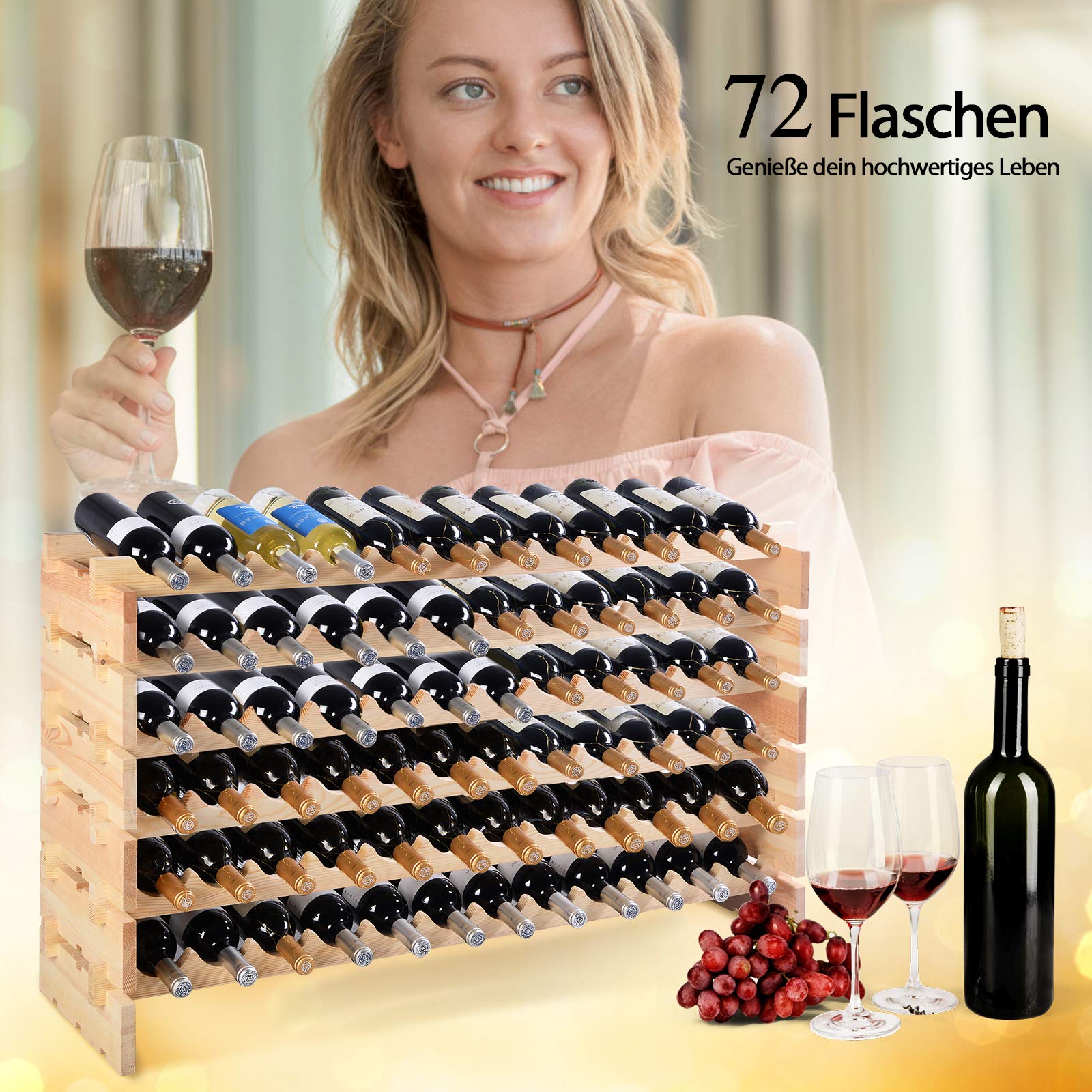 COSTWAY Weinregal Holz stapelbar, Flaschenregal für 72 Flaschen, Weinständer mit 6 Ebenen, Holzregal, Flaschenständer für Küche, Esszimmer, Bar, Keller, 119 x 29 x 72 cm