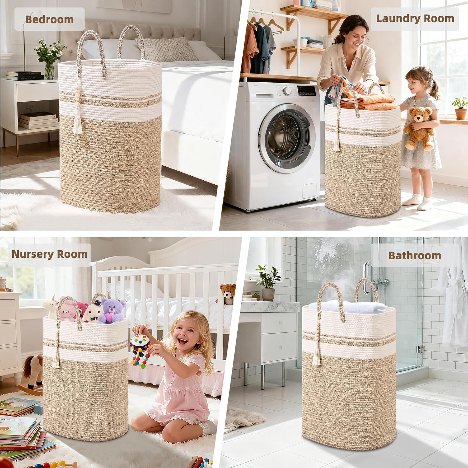 Woven Laundry Basket for Clothes, 80 L Large Rectangle Laundry Hampers with Beads Tassel, Nursery Storage Basket for Toys, Tall Dirty Clothes Hamper for Bedroom Aesthetic, Laundry Room Organization image 5