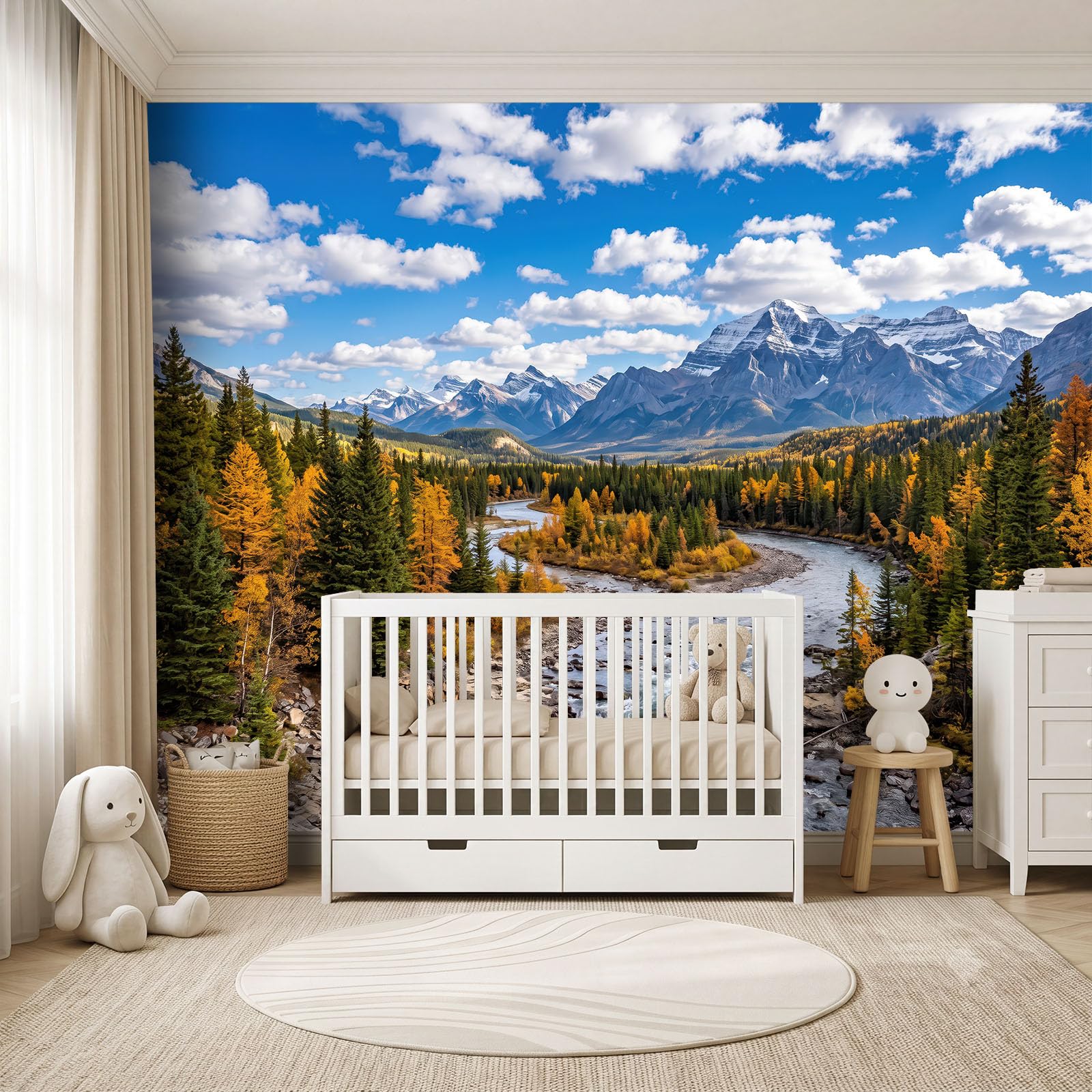 Naturlandschaft Wald Panorama Fototapete 300 x 210 cm, Berge Canyons Flüsse Kiefern Schneebedeckte Berge Vlies Tapeten Wandtapete, Blau Wandbilder Tapete für Wohnzimmer Schlafzimmer Apartment Flur