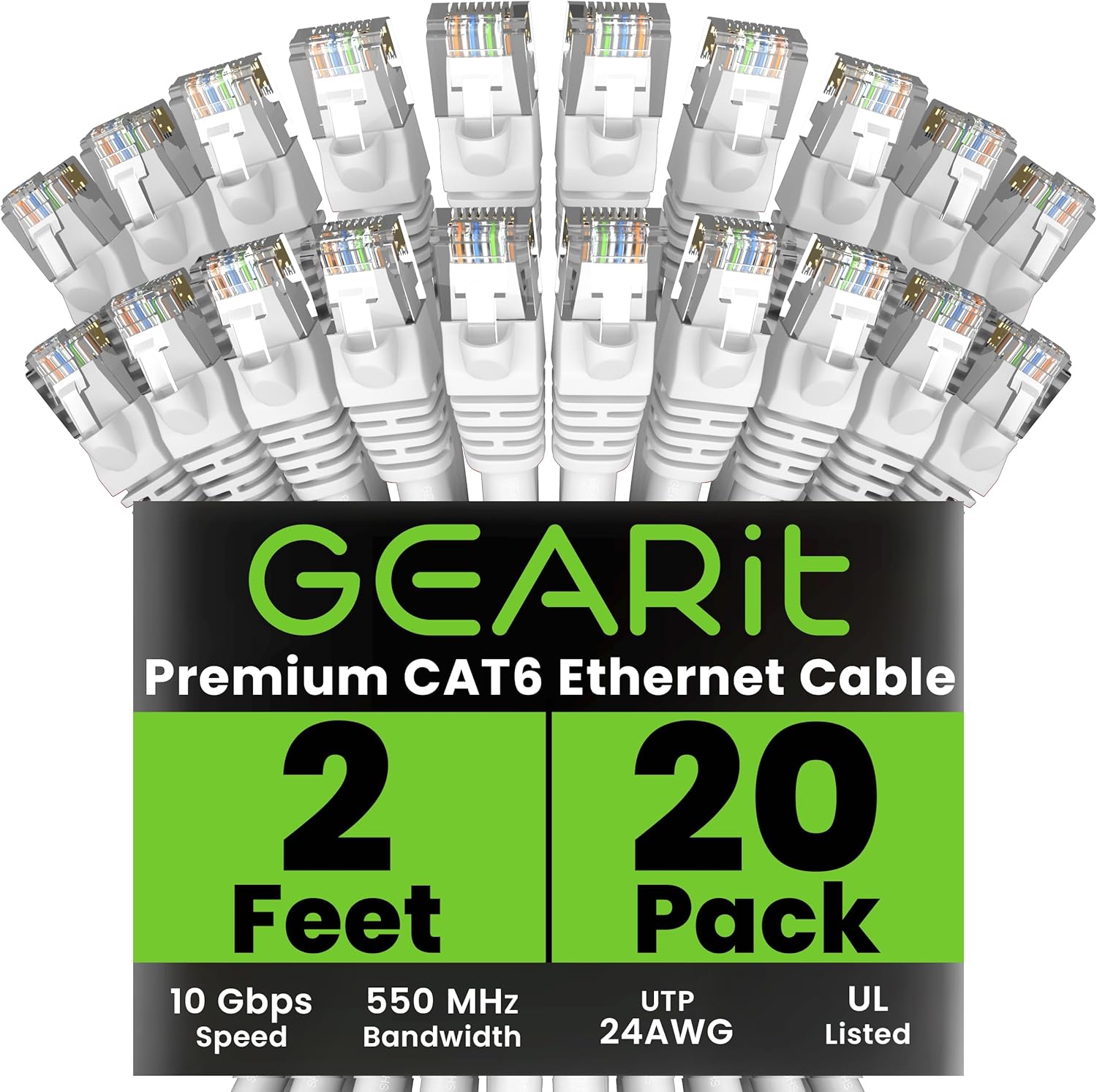 GearIT Cat 6 Ethernet Cable (20-Pack 2 Feet) Cat6 Network Patch, 10Gbps, RJ45, Snagless Cord, Gold-Plated Connectors, Internet for PC, TV, Tablet, Router, Printer, Servers, IT Data Center - White