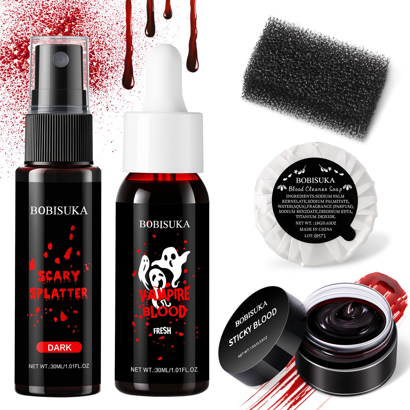 BOBISUKA Halloween Fake Blood Makeup Kit, Realistic Washable SFX Blood