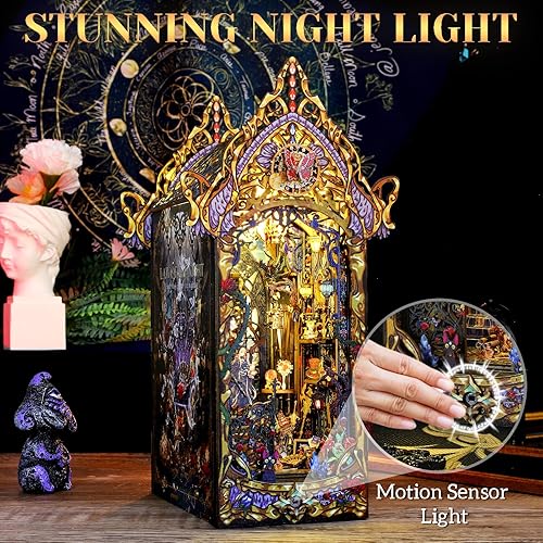 Miniatura 5 de Kit de rincón de libros en miniatura para bricolaje, modelo 3D, juguete de casa de muñecas de madera con luz LED para adultos y adolescentes, mini