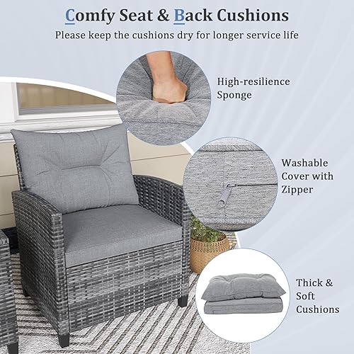 Miniatura 4 de KOTEK Juego de muebles de patio de 3 piezas, juego de conversación de ratán PE para exteriores con cojines lavables y mesa de vidrio templado,