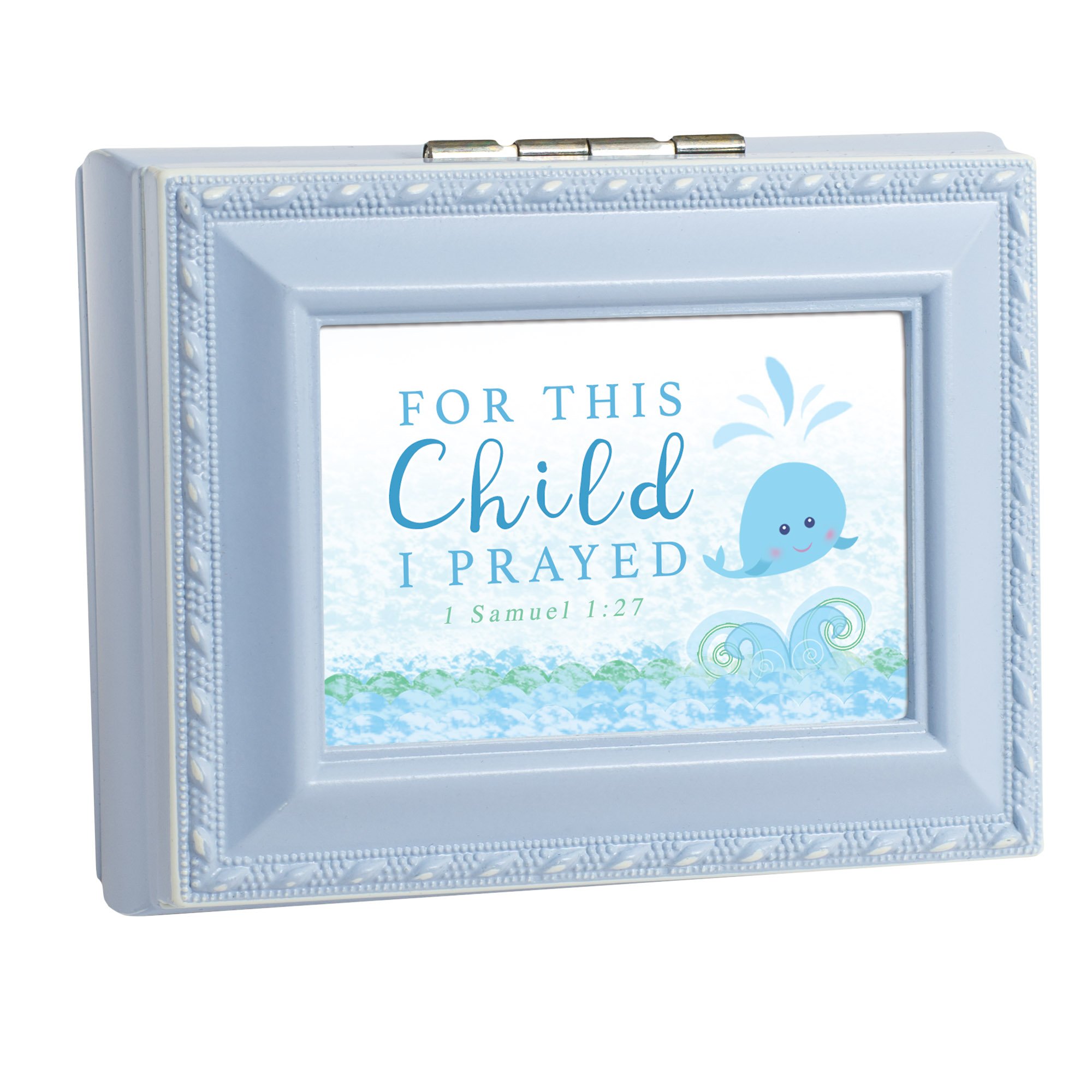 Caja de recuerdos cuadrada para bebé, diseño de cuerda azul con texto "For This Child I Prayed"