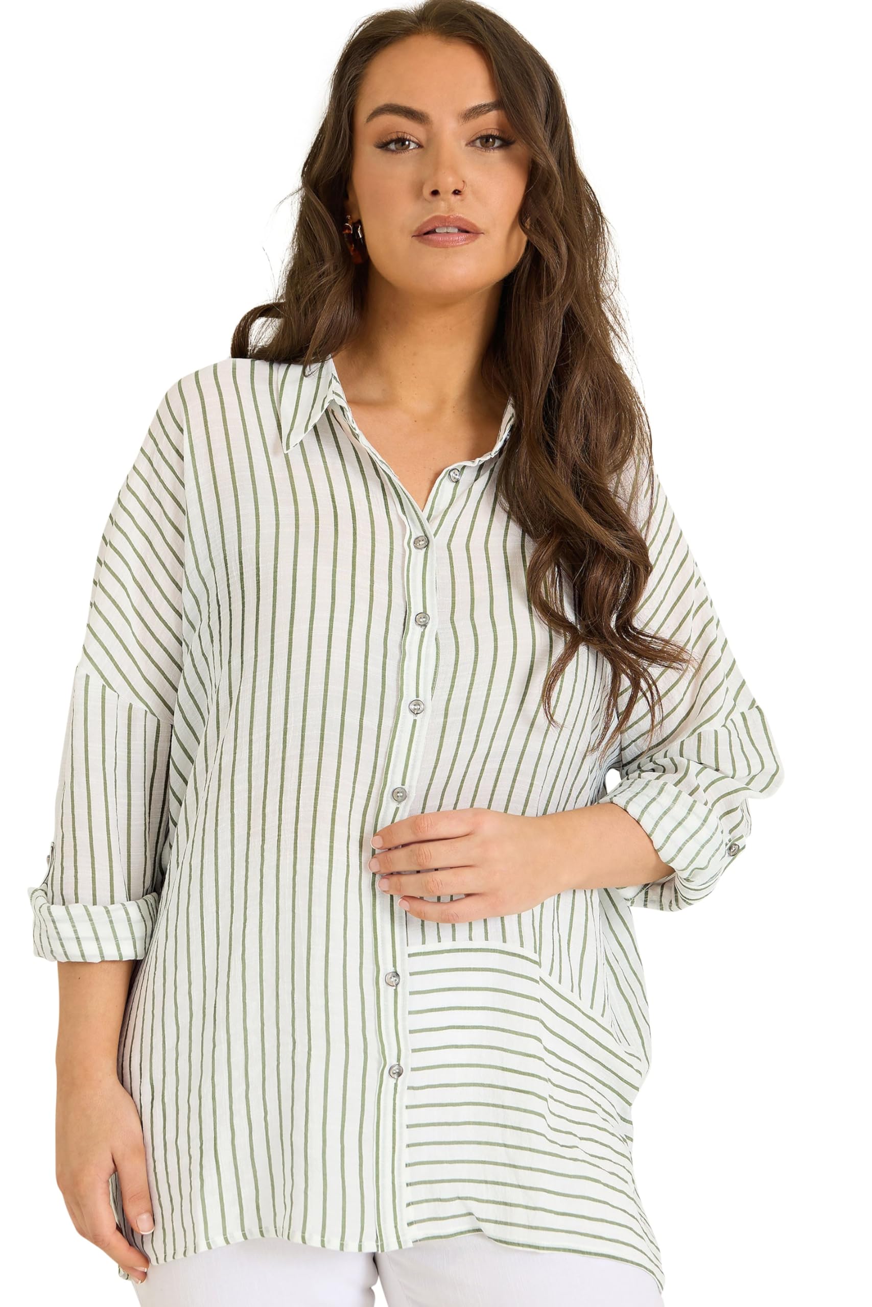 Evans Women's White Curve & Green Stripe Shirt - Plus Size Curve
