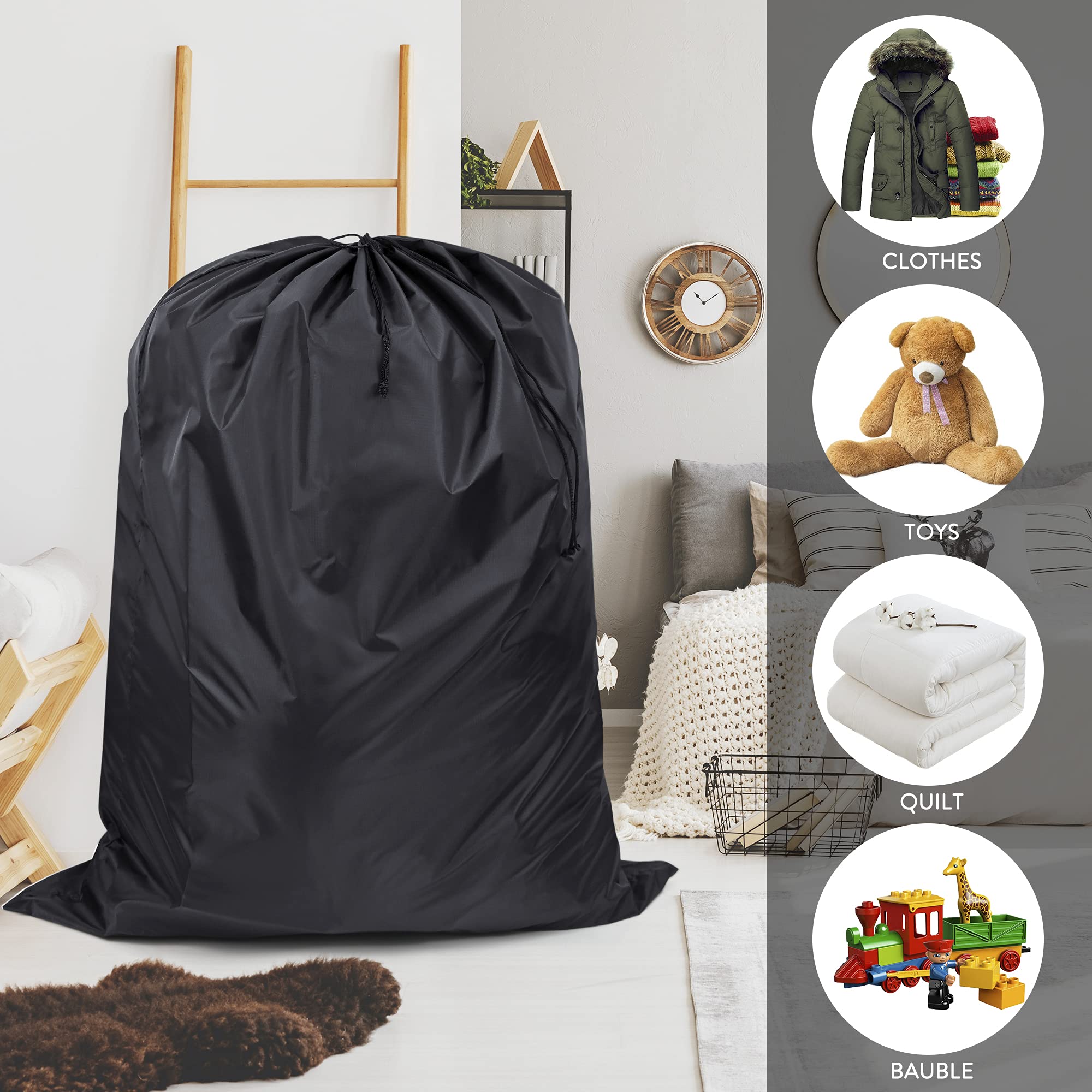 Confezione da 4 grandi sacchetti per vestiti da 100 l, con cerniere, extra resistenti, in tessuto Oxford 600D, borse per lo spostamento di piumoni, ripostiglio sotto il letto, nero inodore