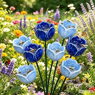 Handmade Ceramic Mini Pollinator Watering Station - 8 Pieces Colorful Flower Bee Water Feeder, Butterfly Bath, Small Outdoor Garden Stake Yard Art Decor Gift for Nature Lovers