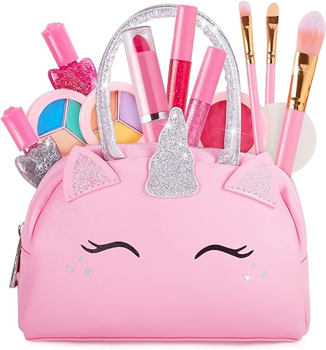 Kit de maquillaje real para niñas pequeñas: con bolsa de maquillaje de unicornio rosa, juguetes de maquillaje reales, no tóxicos, lavables, regalos