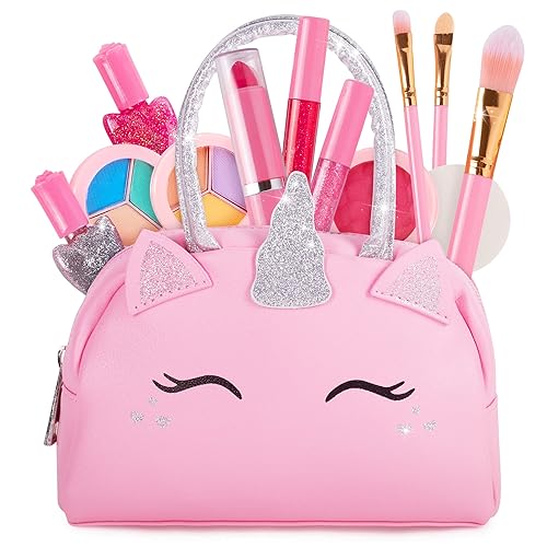 Kids Real Makeup Kit with Pink Unicorn Purse, Non Toxic Washable Make Up Set - Unicorn Toys for Girls Age 4-6, Easter Gifts for Kids, Basket Stuffers, Birthday Gift for Girl Ages 3 4 5 6 7 8 Years Old