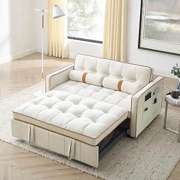 Quarte 55.5" Pull Out Sleep Sofa Bed, Modern 2 Seater Loveseats Sofa Couch with Adjsutable Backrest, Side Pockets & Lumbar Pillows, Convertible Sleeper Sofa Bed for Living Room Beige/Loveseats