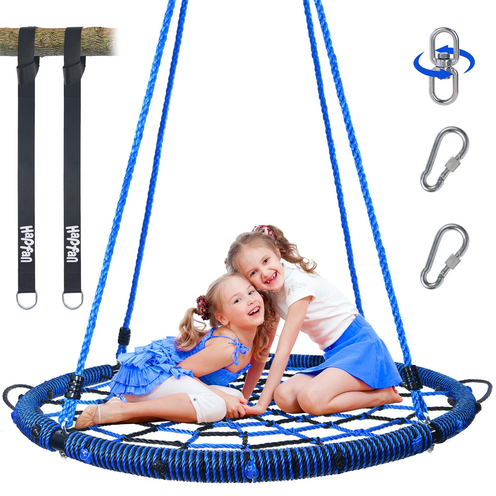 Hapfan 40'' Spider Web Tree Swing, 750 lbs Outdoor Saucer Net Swing with Swivel and 9.8 FT Hanging Straps, Backyard Play Set Accessories (Blue)