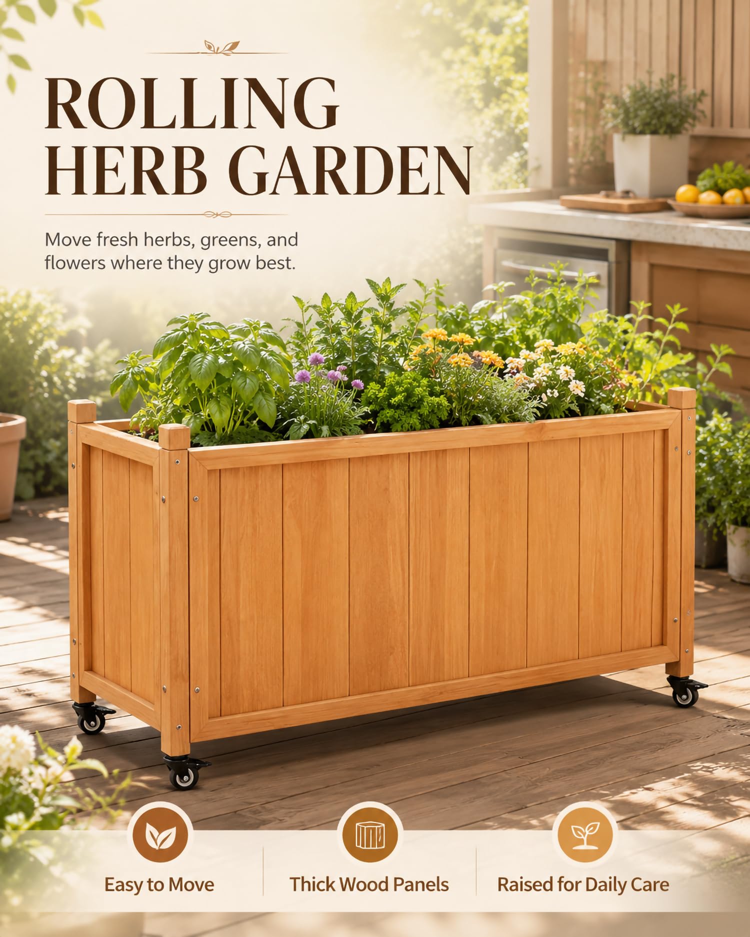 Hochbeet Mit Rollen Aus Dicken Holzpaneelen, Pflanzkasten Für Terrasse Und Balkon, Kräuterbeet Nahe Der Küche Für Kräuter, Blattgrün Und Blumen Im Außenbereich,150*40*40cm/59*15*15in