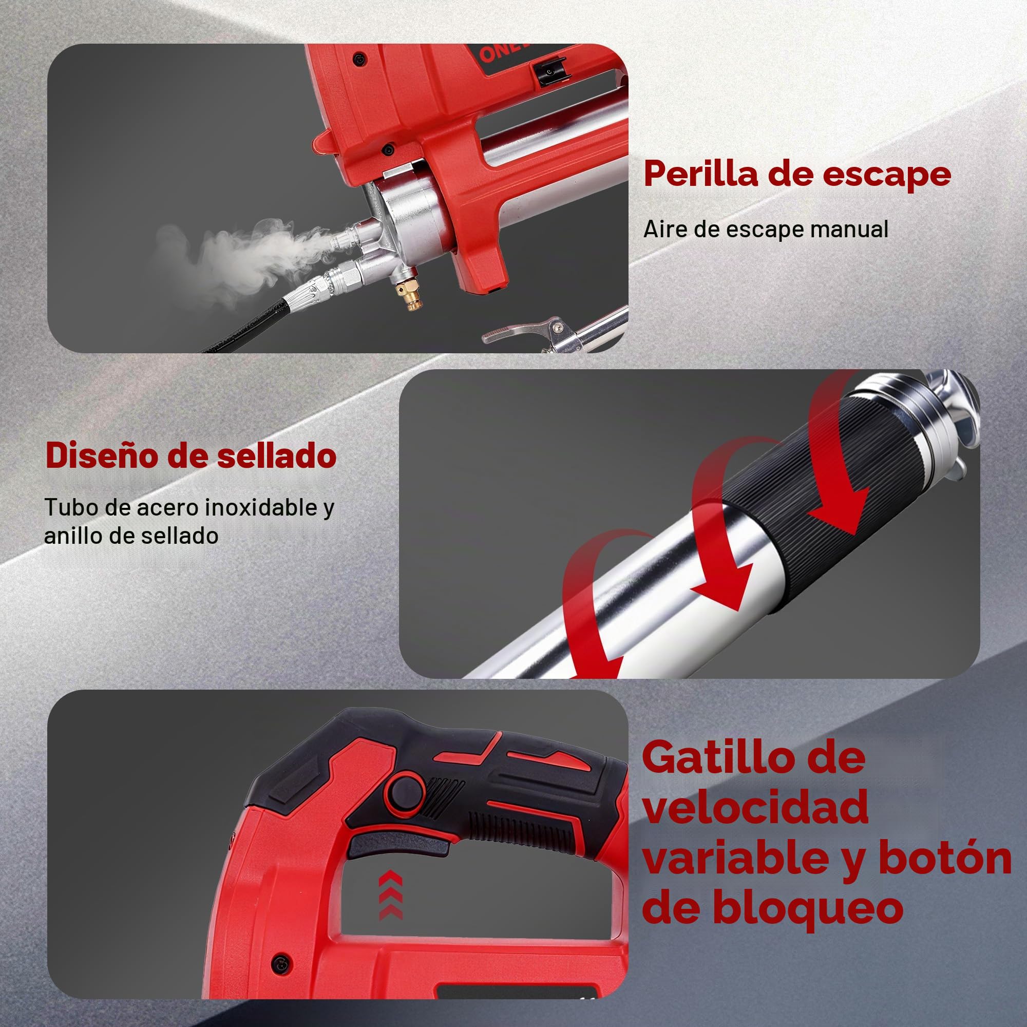 ONEVAN Pistola de lubricación eléctrica, 12000 PSI Engrasadora Batería, 800W Motor sin escobillas, 600 ml Capacidad, 2 baterías de 4,0 Ah, Apta para los sectores automo y agrícola (Rojo)