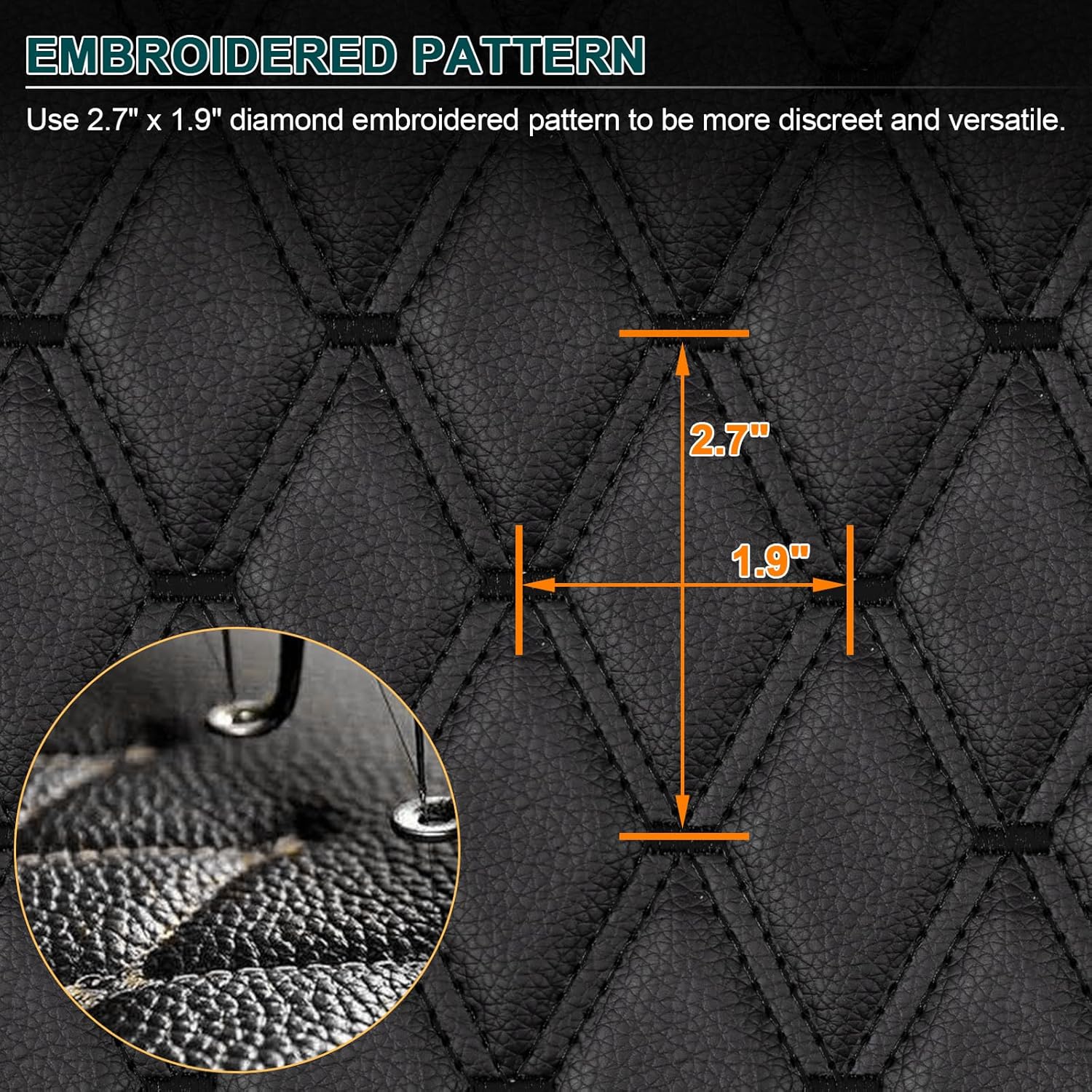 1 Yard Vinyl Faux Leather Quilted Fabric with 0.27" Foam Backed,63" Wide Leather Material for DIY Upholstery,1.9"×2.7" Diamonds Pattern,Black(Black Thread)