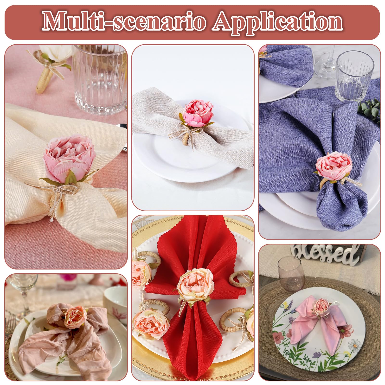 Lot de 6 Ronds de Serviette Pivoine Rose – Boucle en Paille de Raphia Tissée à la Main – Décoration de Table Élégante pour Mariage, Fête & Repas Gourmand