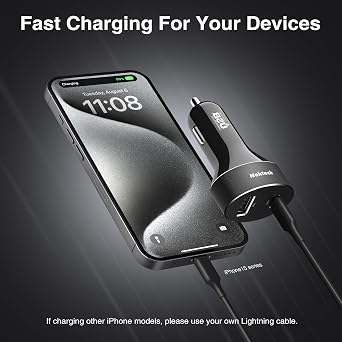 Nekteck 45W 2-Port USB-C Car Charger, PD 3.0 & QC 3.0 Fast Charging | USB-IF Certified for Safe, Stable Charging, Includes 3.3ft Cable, Compatible with MacBook Air/Pro, iPad, and iPhone 16/17