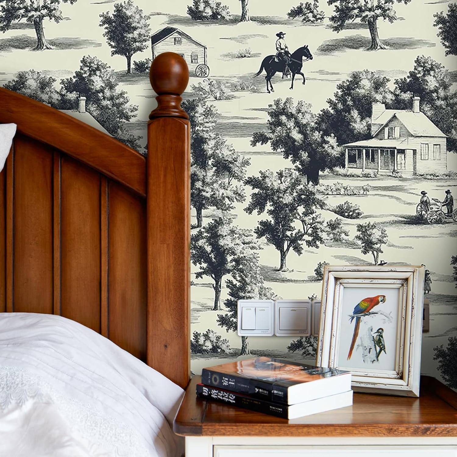 Rustic Vintage Town Wallpaper Peel and Stick Self Adhesive Beige Calming Realistic Tree House Horse Contact Paper Removable Waterproof for Bedroom Renter Friendly 17.71"x118.1"