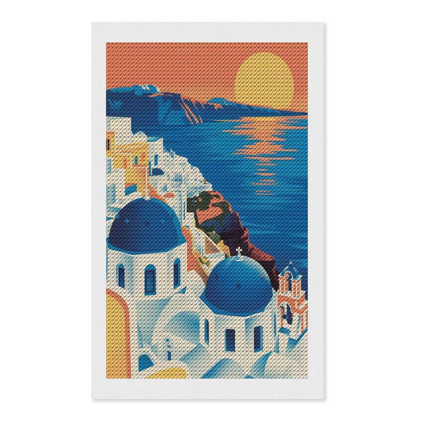 Junmoney Santorini Greece Illustration(2) Round Drill Diamond Painting 12"x20", Handmade Wall Decor, Modern Decor, Aesthetic Room Decor, Easy Craft Set