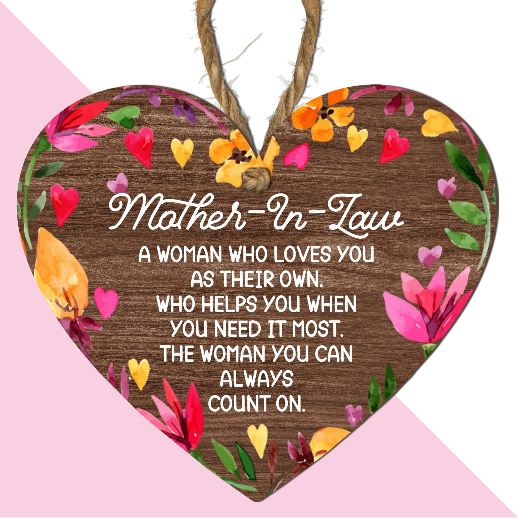 Heart Plaque - Mother-in-Law Gift with Twine - Personalised Keepsake for Birthday, Christmas & Mother's Day - Versatile Home Decor & Wine Bottle Tag" (Large: 23 cm (H) × 20 cm (W))