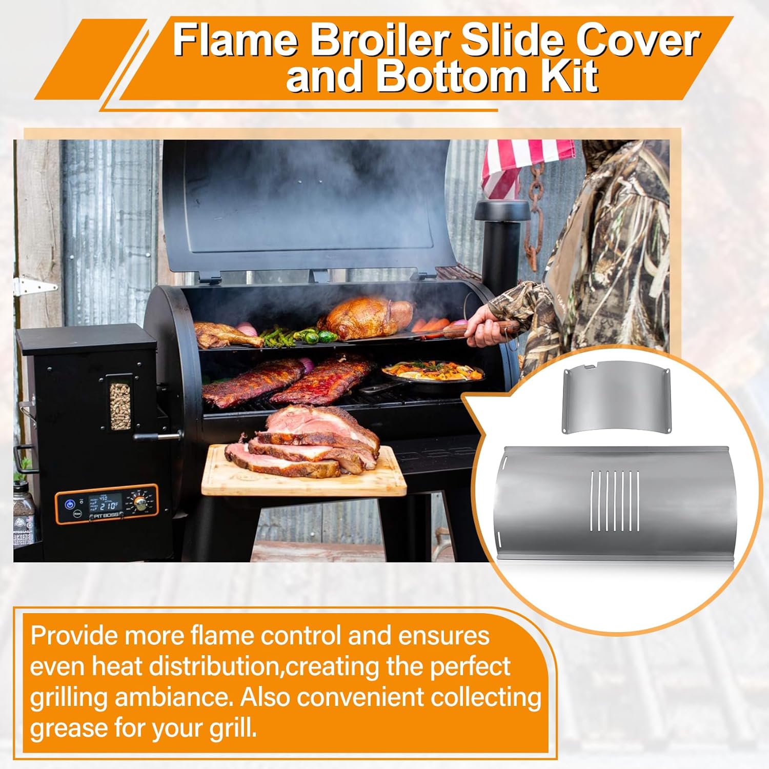 Flame Broiler Kit for Pit Boss 1000 Series Pellet Grills with Slide Cover and Bottom, Grill Replacement Parts for Pit Boss Austin XL/PB1000XLW1, Rancher XL/PB1000R1, PB1000NC1, PB1000SC1, PB1000SC2