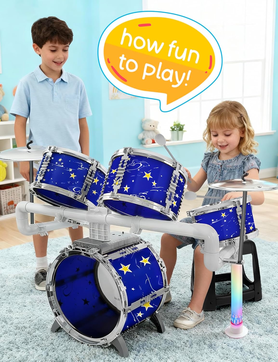 Upgraded Kids Drum Set Jazz Drums Kit with 5 Drums - Toddler Music Toys Learning Instruments Xmas Birthday Gifts for Toddlers 3 4 5 6 7 Boys Girls, Blue