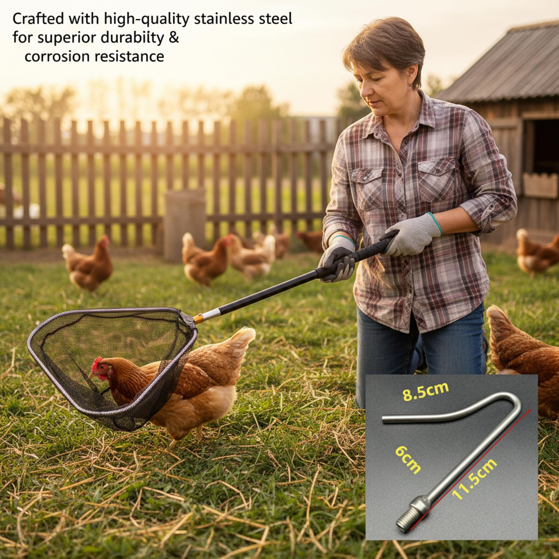 Red para atrapar pollos, red para atrapar pollos, receptor telescópico con extensión de tubo de acero inoxidable, gancho para aves de corral para pájaros, perros y animales pequeños