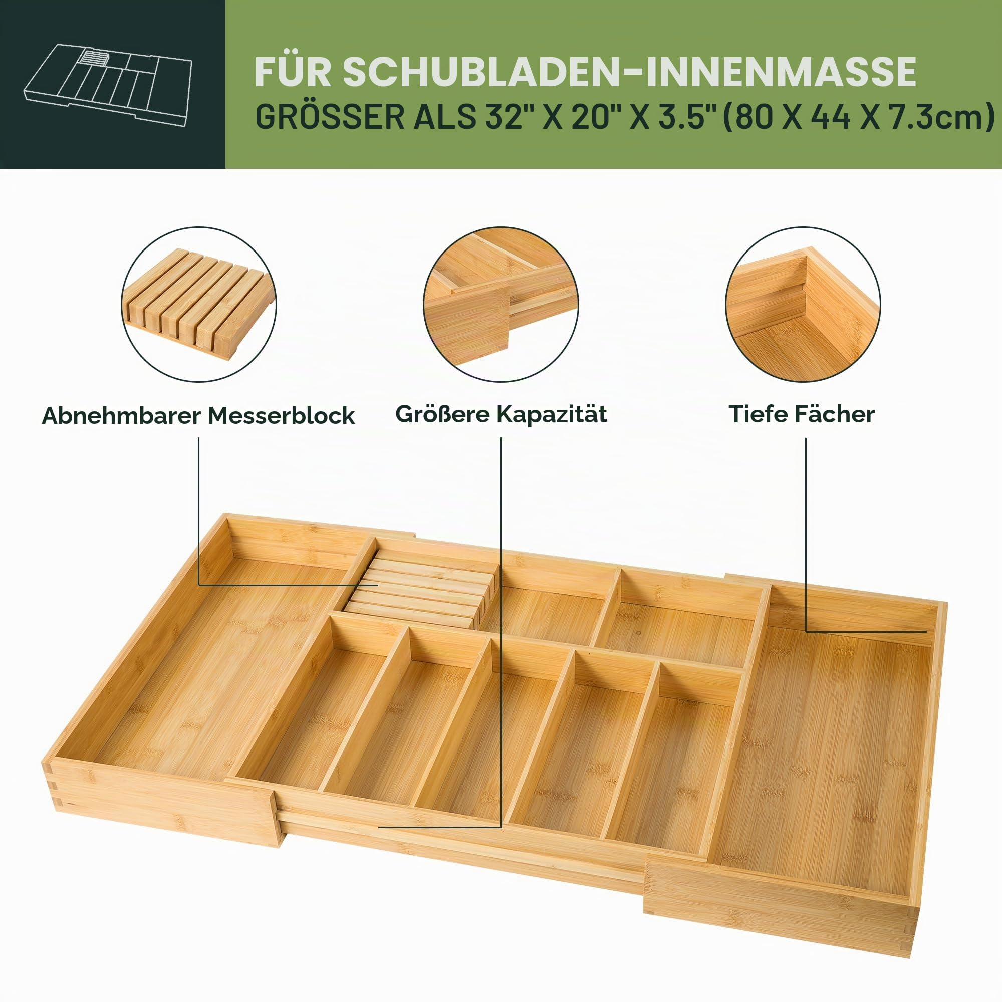 VaeFae Besteckkasten für Schubladen aus Bambus, Verstellbarer Besteckeinsatz für Schublade, Breite von 45.5 auf 79 cm, Besteck Organizer für Küche und Erweiterbarer Utensilienhalter