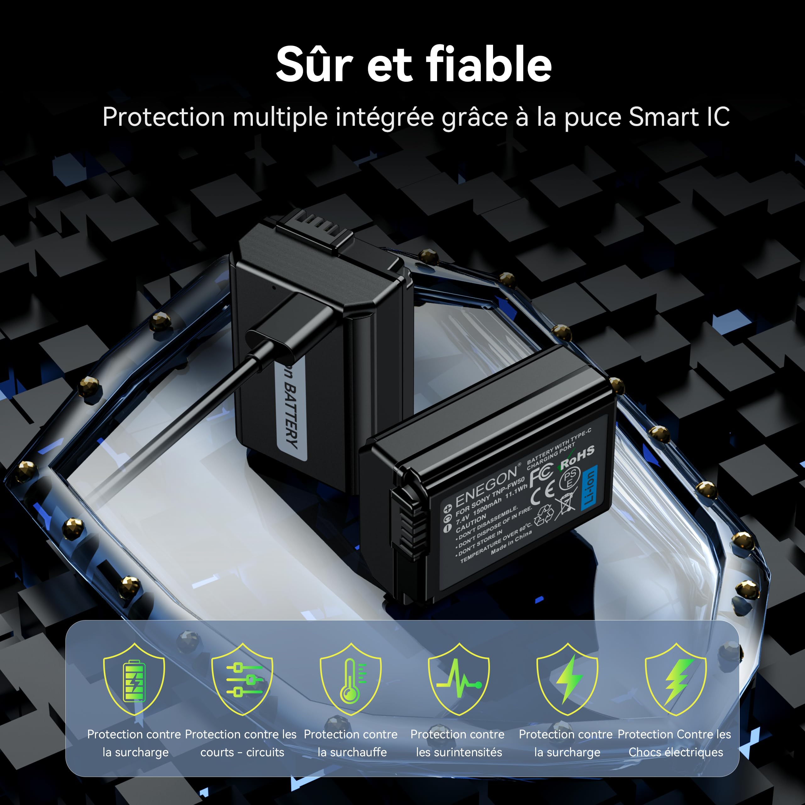 ENEGON NP-FW50 batterie rechargeable 2 Pack 1500mAh avec câble de Charge USB-C 2 en 1 pour Sony ZV-E10, A6000, A6500, A6300, A6400, A7, A7II, A7RII, A7SII, A7S, A7R, A55, A5100,A5000, A3000, A55, RX10
