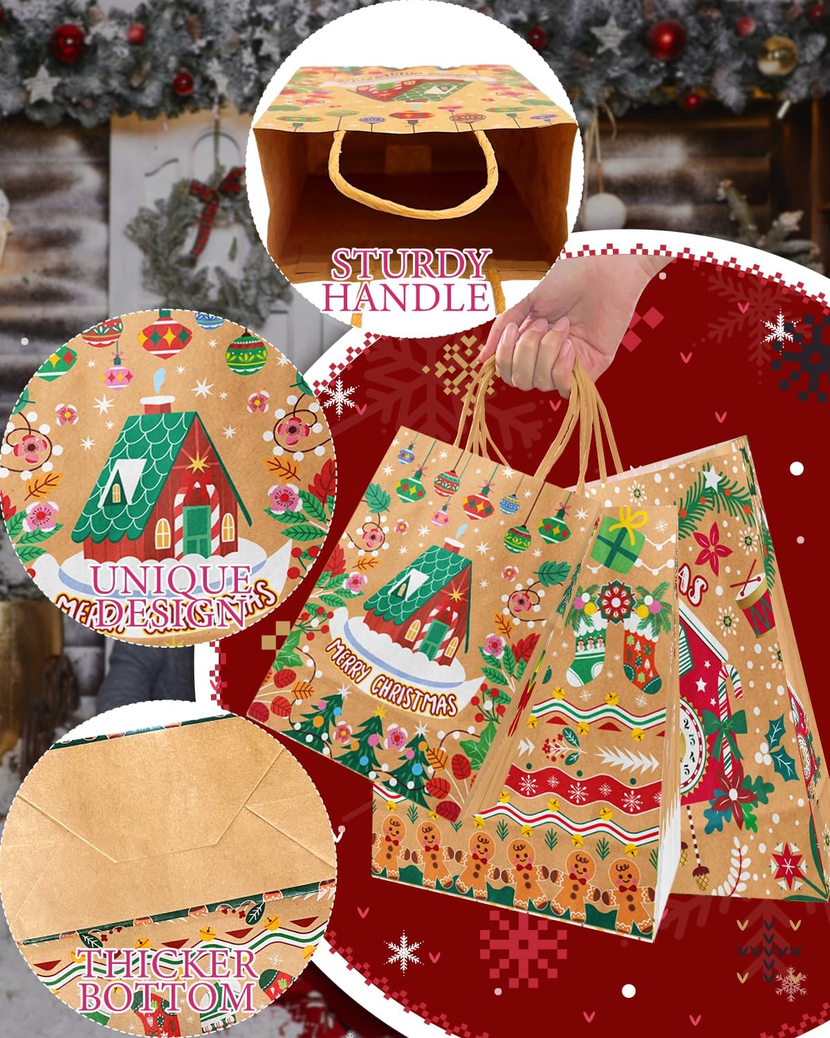 qiqee Christmas Gift Bags with Handles 30Pcs Assorted Sizes Xmas Kraft Paper Bags(Variety Large-10.2''×13''× 5.5'', Medium-8.7''×10.6''×4.3'', Small-6.3''×8.7''×3.1''/ Tissue Paper included)