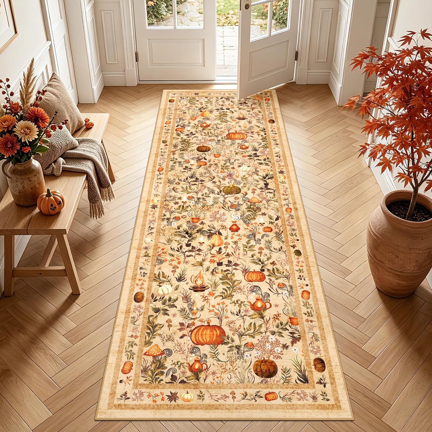nesrt Fall Runner Rug for Hallway, Fantasy Thanksgiving Kitchen Rugs 2.6x8ft Non-Slip, Washable Autumn Pumpkins Mats for Kitchen Bedroom Entryway Laundry Holiday Decor (Orange)