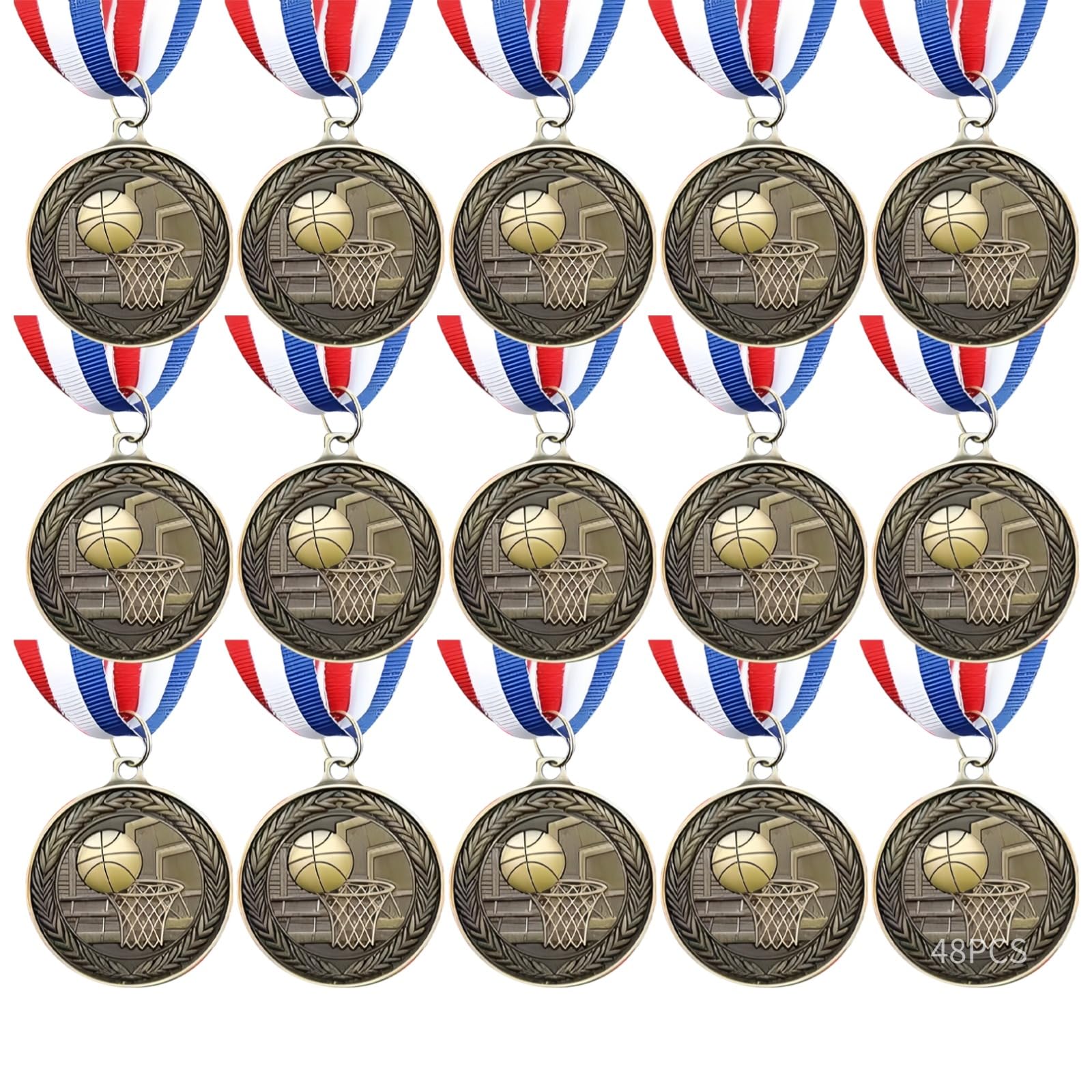 Generisch 48 STK. Basketball Medaillen in Bronze, 5 cm Siegermedaillen aus Zinklegierung, mit 83 cm Umhängebändern, für Sporttag und Schülerspiele, Set für Sieger und Teilnehmer