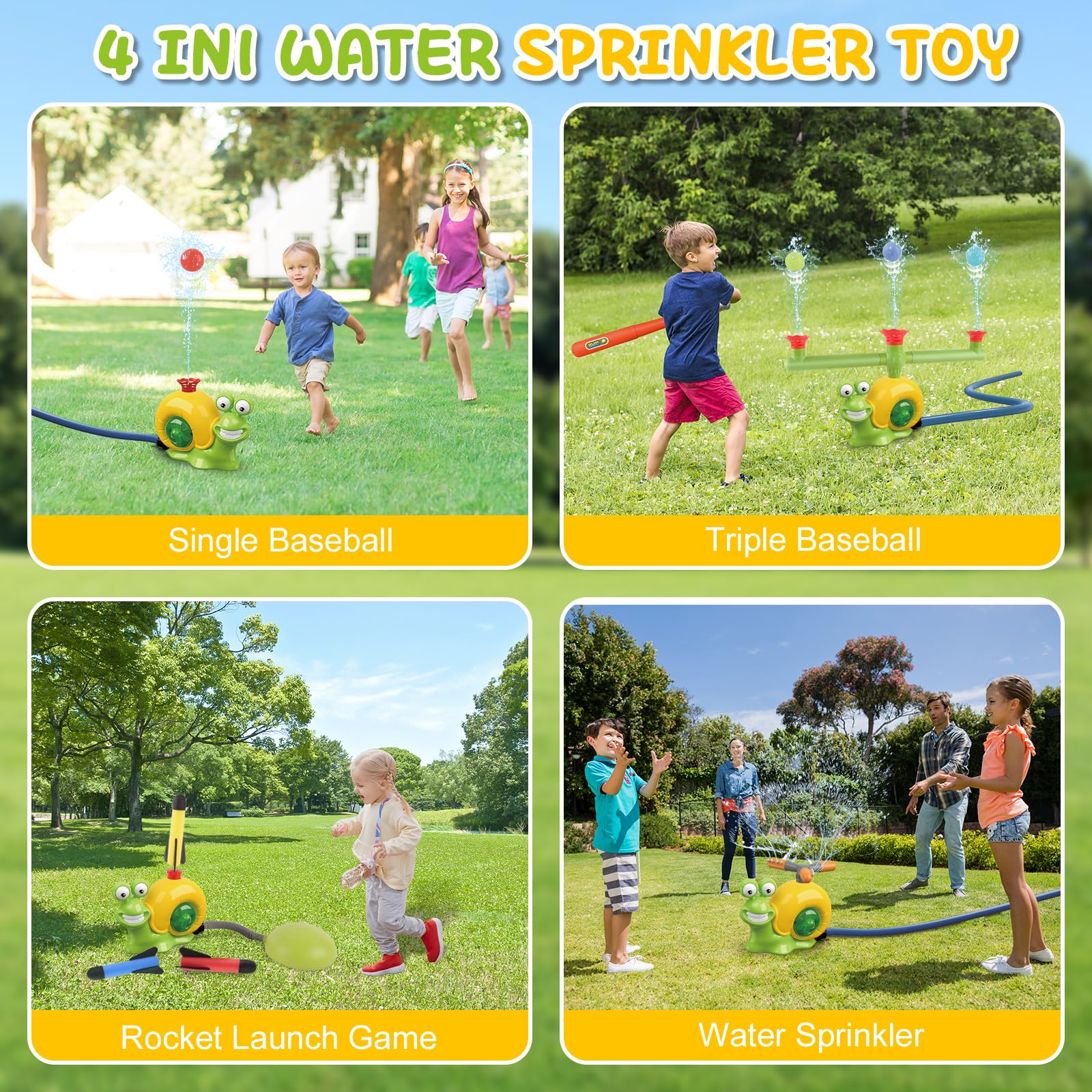 deAO 4-in-1 Spruzzatore d'acqua per Bambini: Baseball + Lancio di Razzi con Spruzzatore a Chiocciola a 360°, 3 Ugelli e 3 Razzi, Giocattolo d'Acqua Estivo per Giardino, Piscina, Spiaggia da 3 anni+