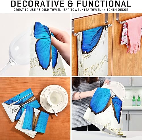 Miniatura 7 de Blue Butterfly Retro Musical Notes Kitchen Towels Set, 28x18 Inch Bulk Spring Towels Kitchen, Set of 4