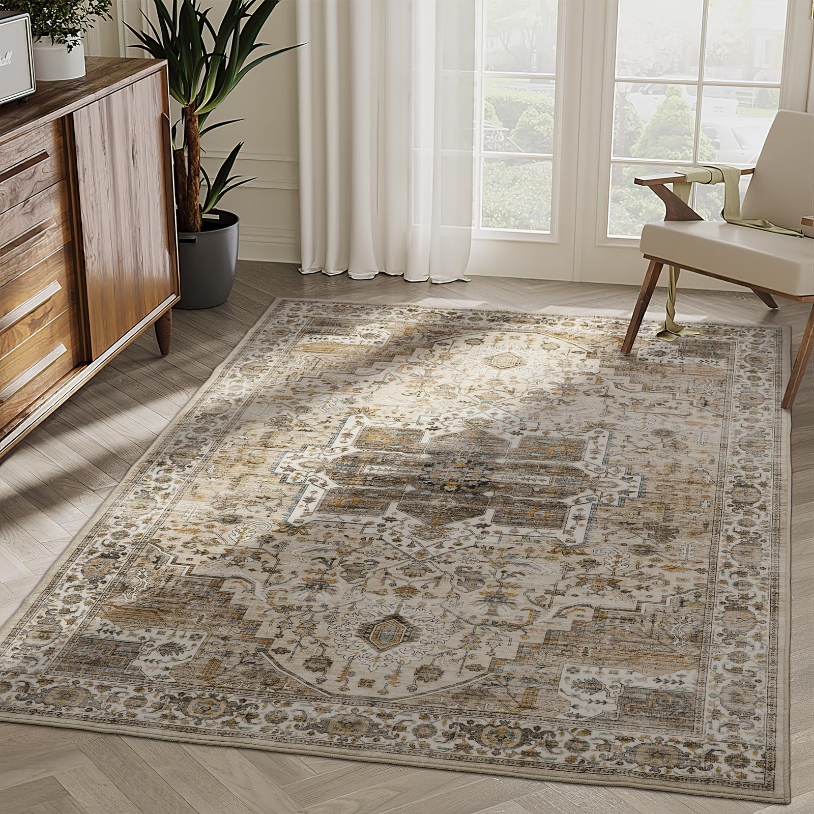 5x7 Area Rugs, Stain Resistant Machine Washable Area Rugs with Non-Slip Backing, Vintage Rugs for Bedroom, Living Room, Large Soft Low Pile Area Rug (Beige/Brown, 5'x7')