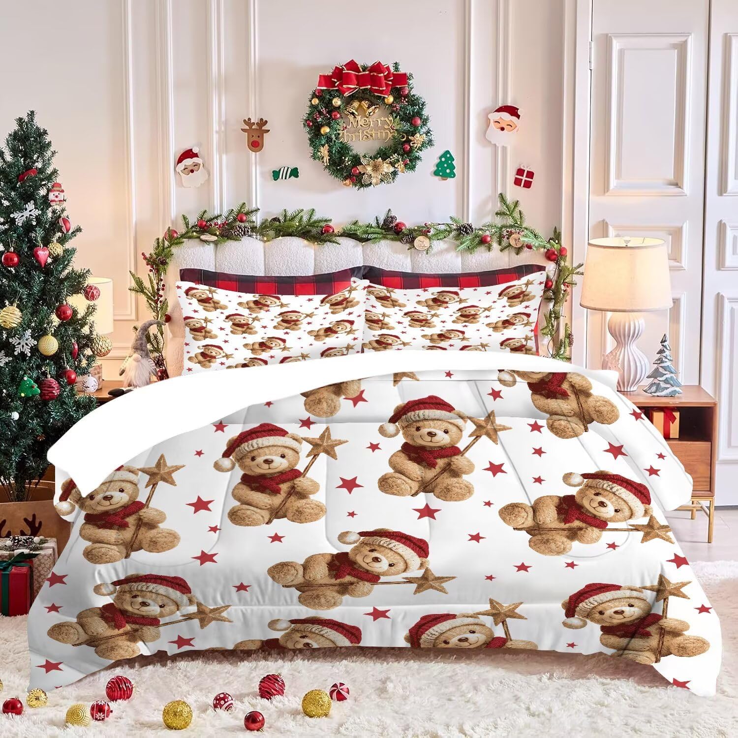 Teddy Bear Bedding Set Full/Queen Size, Christmas Comforter for Girls Kids Teens Women Star Cartoon Xmas Quilt Bed Sets Bedroom Decor, 1 Comforter 2 Pillowcases