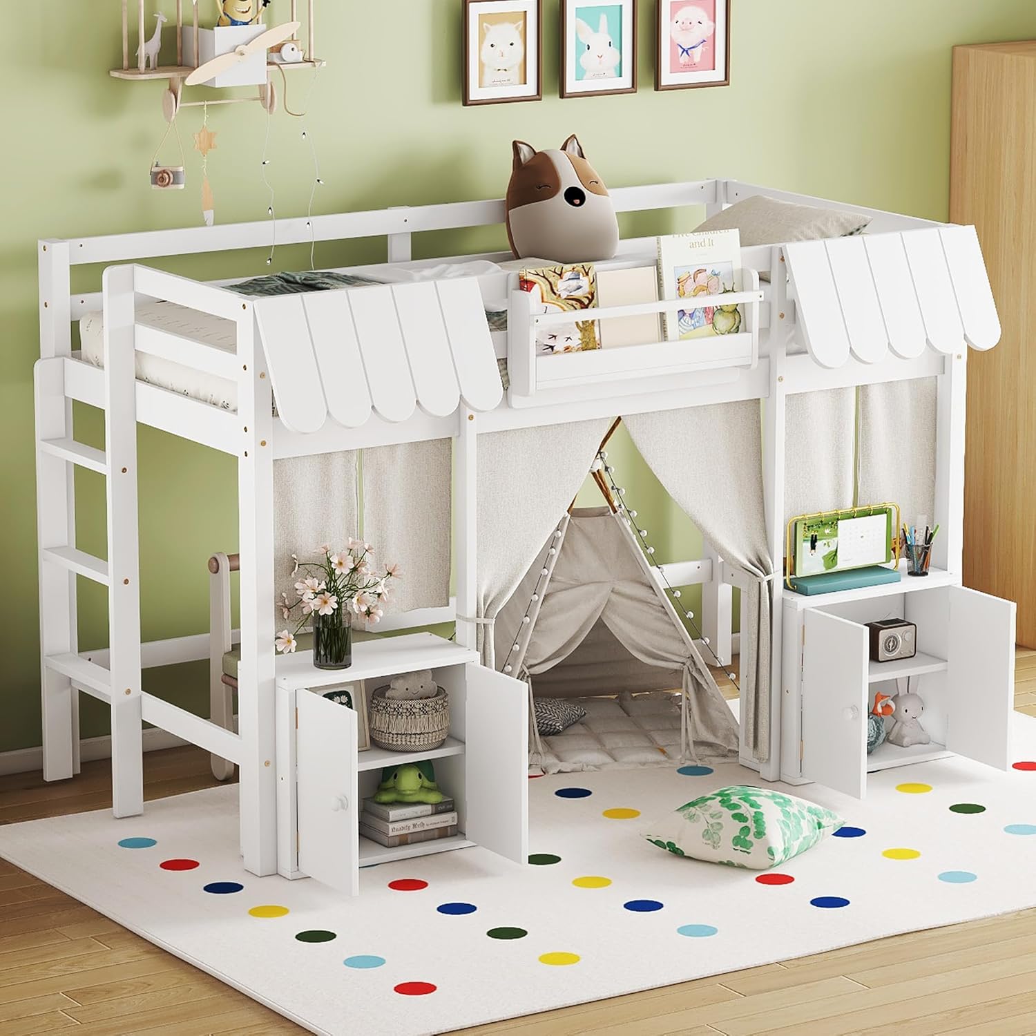 Ball & Cast Twin Toddler Loft Bed,Wood Loft Beds with Built-in Bookshelf and Curtain for Kids,Twin Size Loft Bed Frame W/Ladders & Storage Cabinets,for Girls Boys,Bedroom,Playroom,White