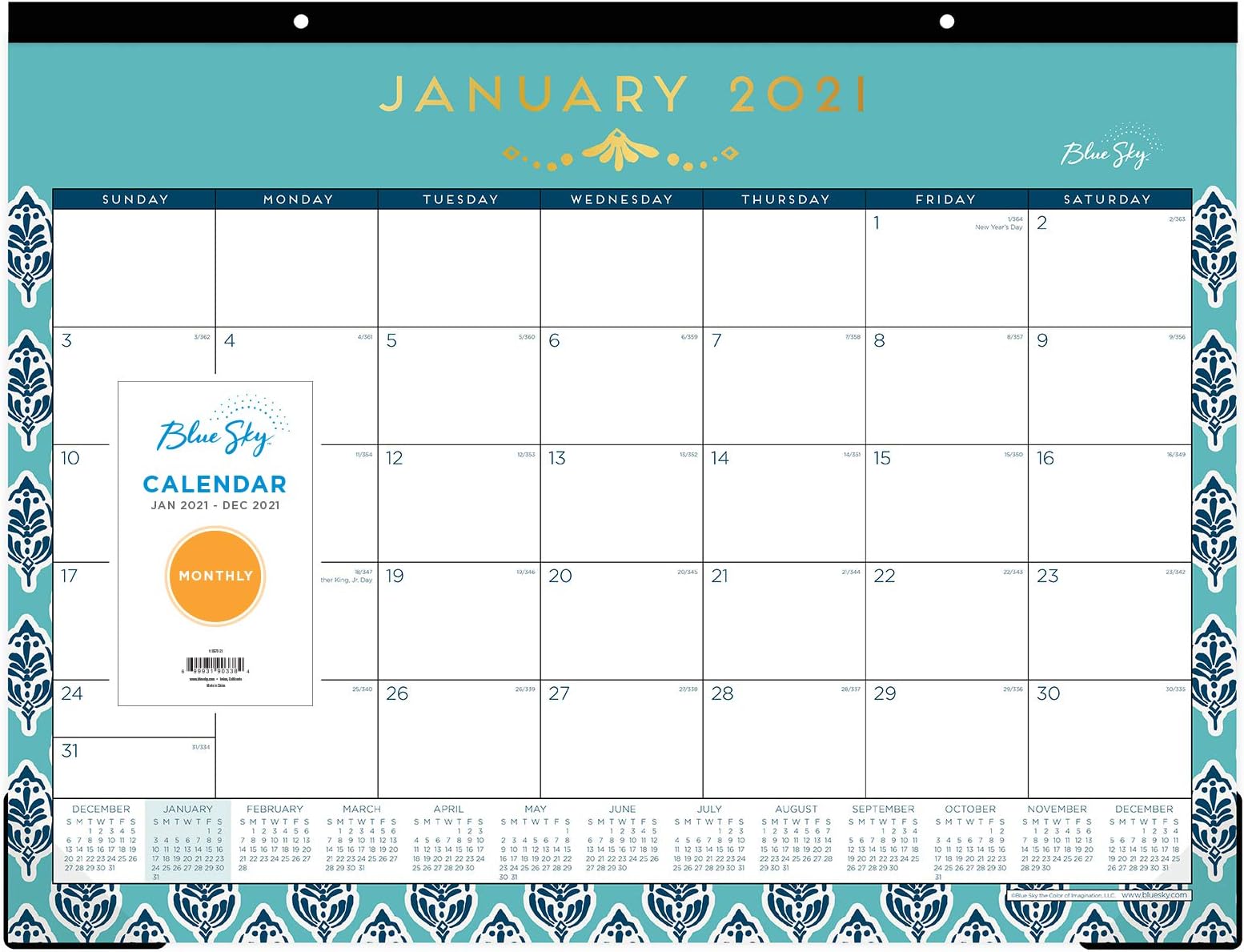 Blue Sky 2021 Monthly Desk Pad Calendar, Trim Tape Binding, Two-Hole Punched, 22" x 17", Sullana (110572-21)