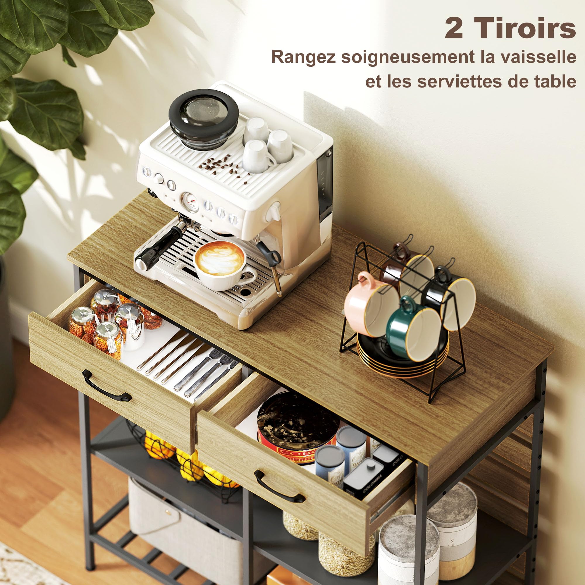 HOMCOM Buffet Cuisine, Meuble de Rangement avec 2 tiroirs et 3 étagères Ouvertes, Style Industriel, Cadre en Acier, pour Salle à Manger, Salon, Cuisine, 90 x 40 x 91 cm, Bois Naturel et Noir | Meuble de Rangement, 3 Étagères Ouvertes, Style Industriel, Ca