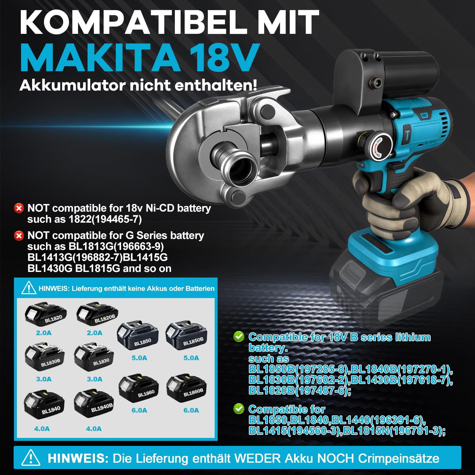 Akku Presszangen Kompatibel mit Makita 18V für Kupferrohr, Edelstahlrohr und PEX Verbundrohr, Backeneinsätze für Zylindrische Hydraulikspannzangen der Typen V/U/TH/M (nicht im Lieferumfang enthalten)