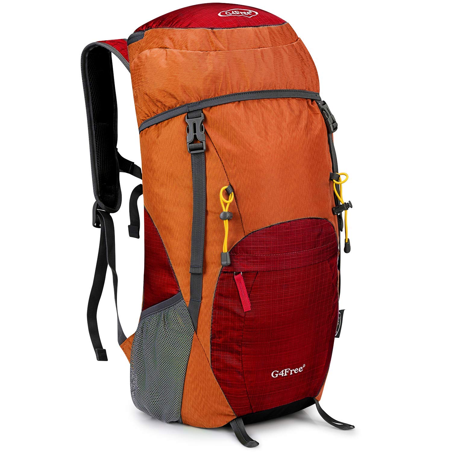G4Free 40L Faltbarer Rucksack, Wanderrucksäcke Ultraleicht, Wasserdichter Trekkingrucksack Daypack Damen Herren für Outdoor Wandern Camping Reisen, Orange Rot