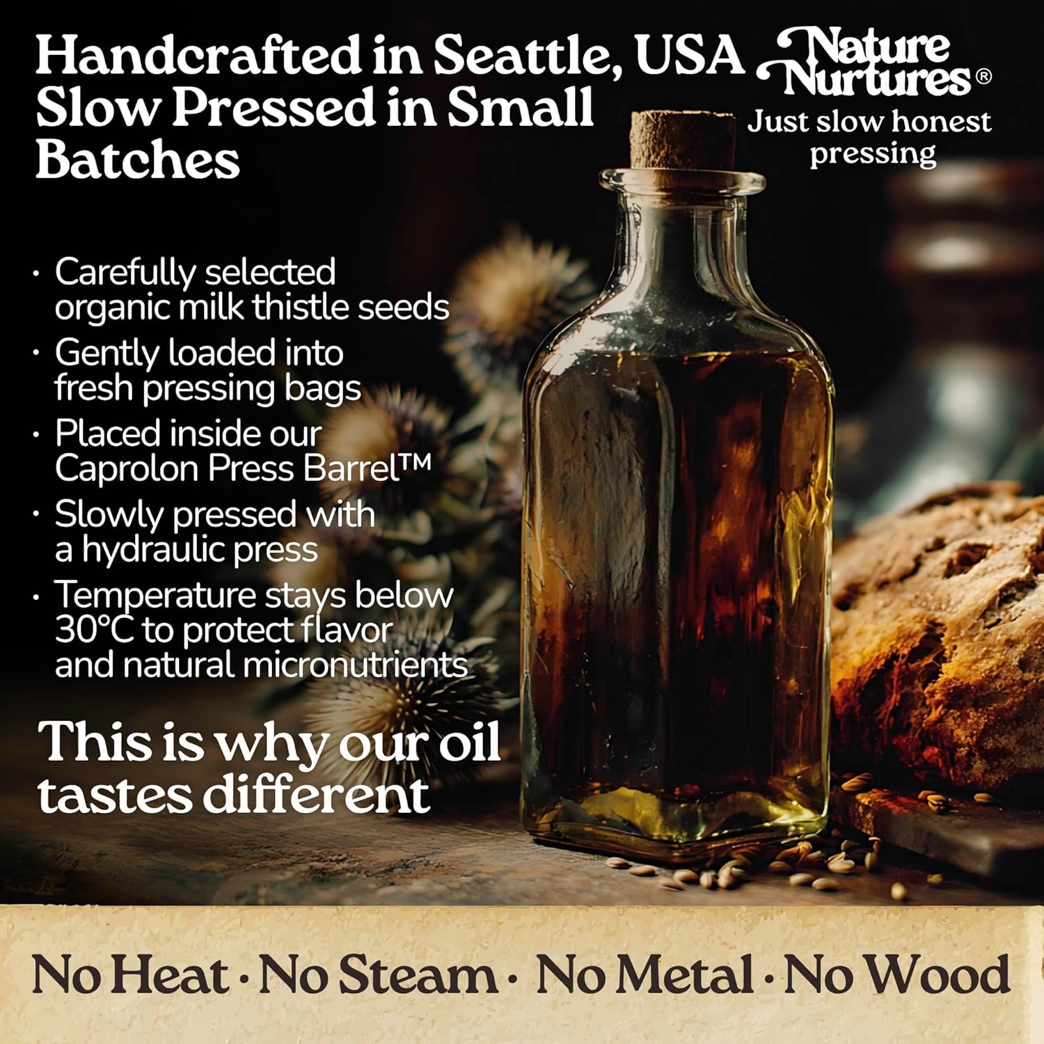 Milk Thistle Oil for Cooking, Oatmeal, Breakfast Bowls and Cold Dishes · Raw · Unrefined · First Cold-Pressed Below 30°C · Pressed Only Once · Without Metal or Wood Contact · Small Batch · Handcrafted in Seattle USA · For Balanced Diets and Natural Diets · Thoughtful Food Gift · 100% Pure & Natural · Also Loved for Skin and Hair · 3.38 fl oz (100 ml)
