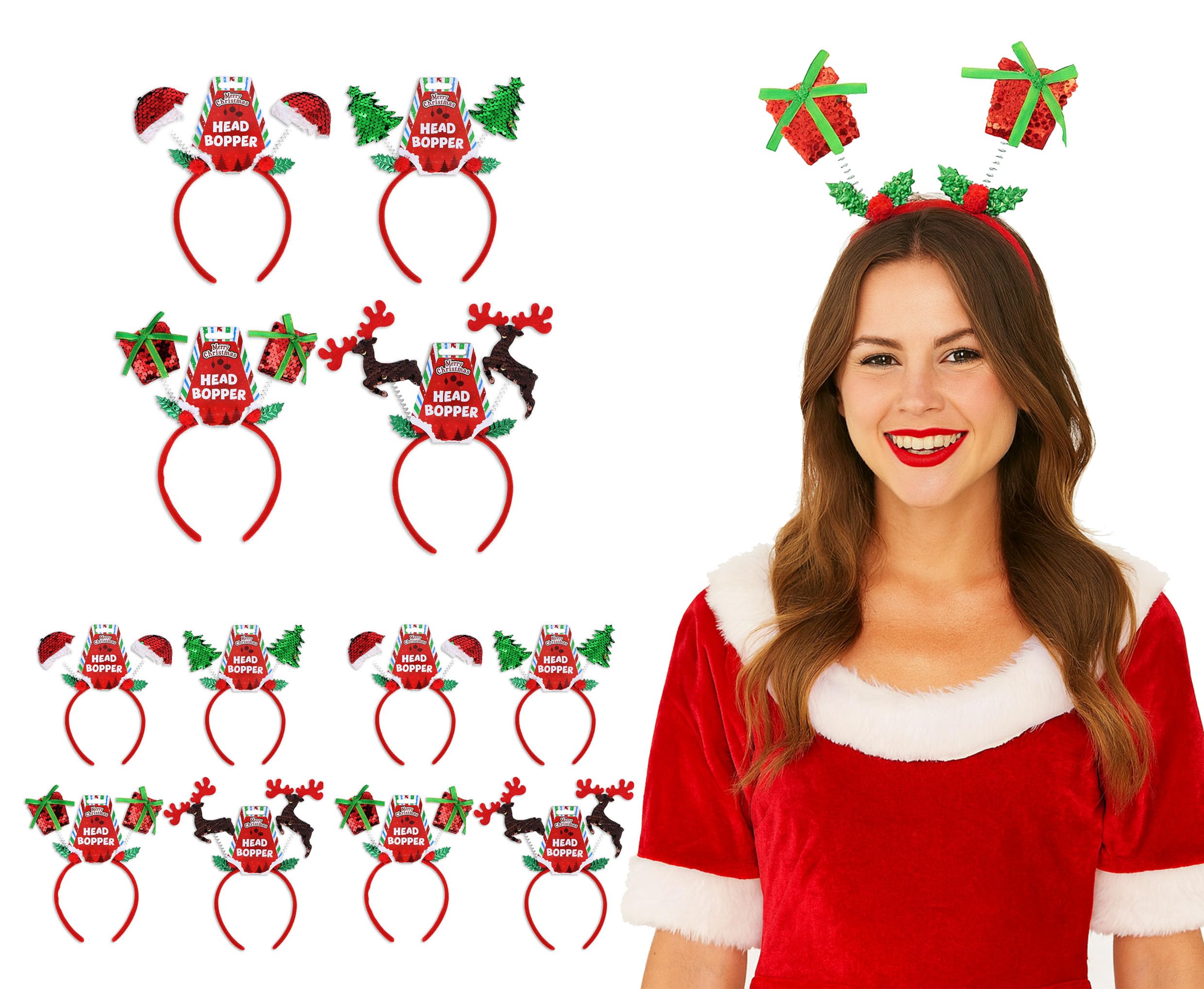 HENBRANDT 12-Pack Christmas Headbands in 4 Sparkling Designs, One Size Novelty Sequin Hairbands