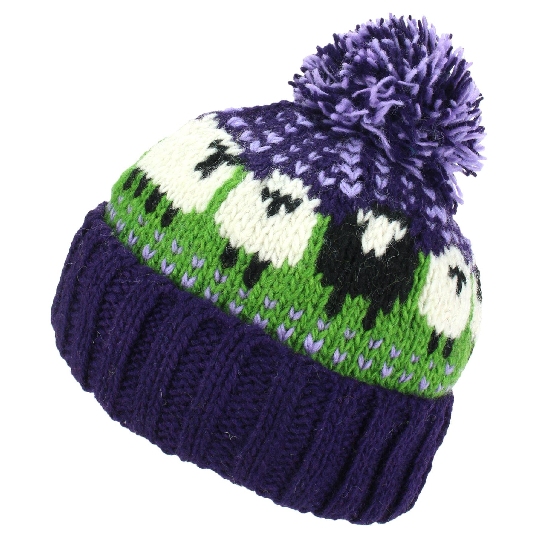 Loud Hats Women's Green Purple Wool Knit Bobble Beanie Hat Sheep Pattern & Black Sheep
