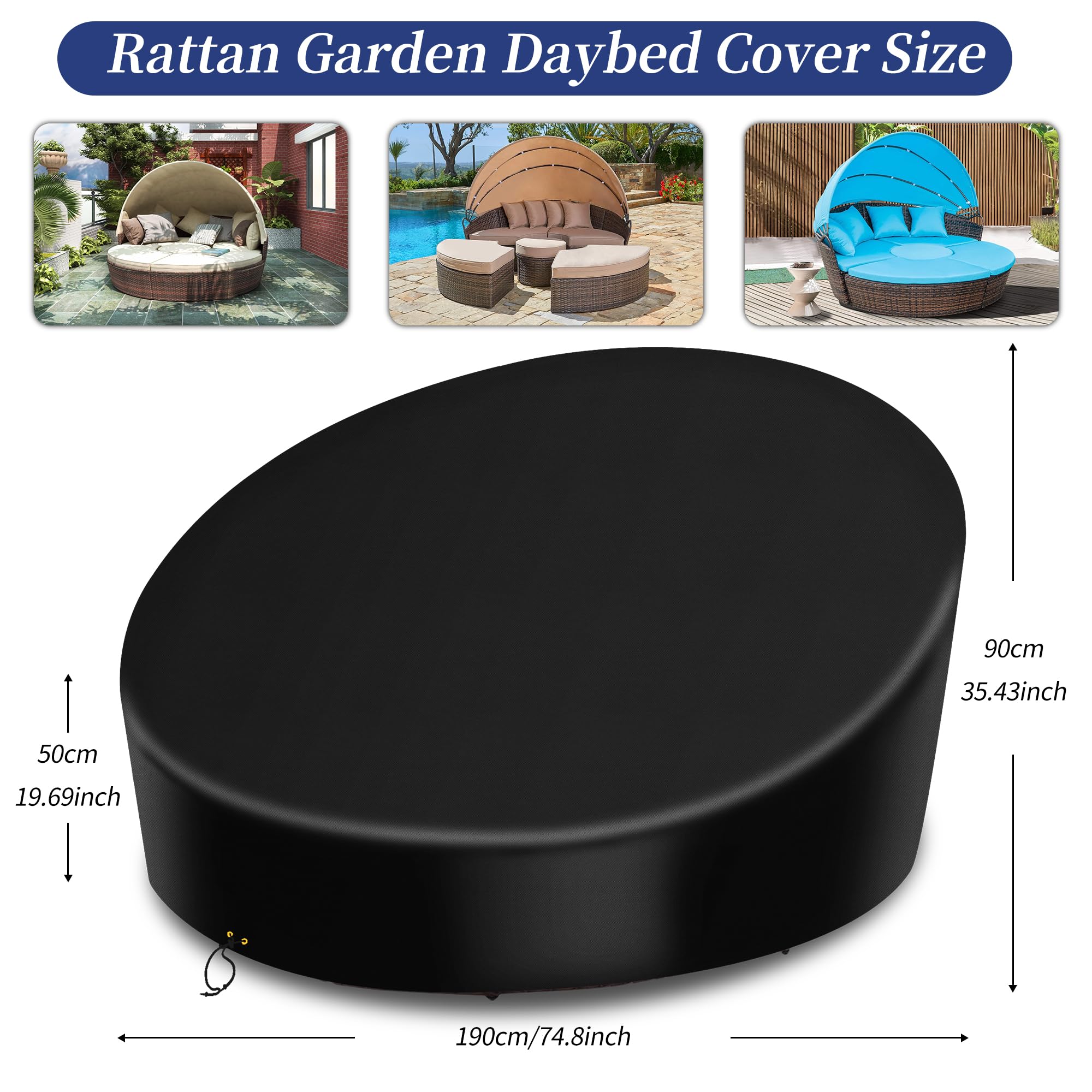 RICHIE Funda impermeable para isla de sol, tela Oxford 420D, con banda ajustable, cubierta para isla de sol de ratas, resistente a los rayos UV, funda redonda para muebles de jardín, color negro (190