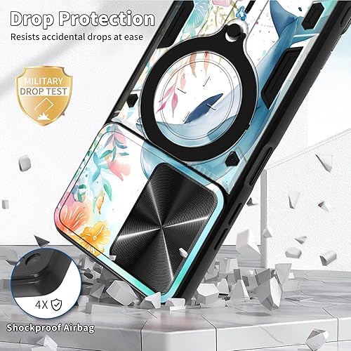 Vista 342 de Funda para Samsung Galaxy A13 5G con cubierta deslizante para lente de cámara y anillo giratorio de 360 grados, soporte híbrido de doble capa Flores