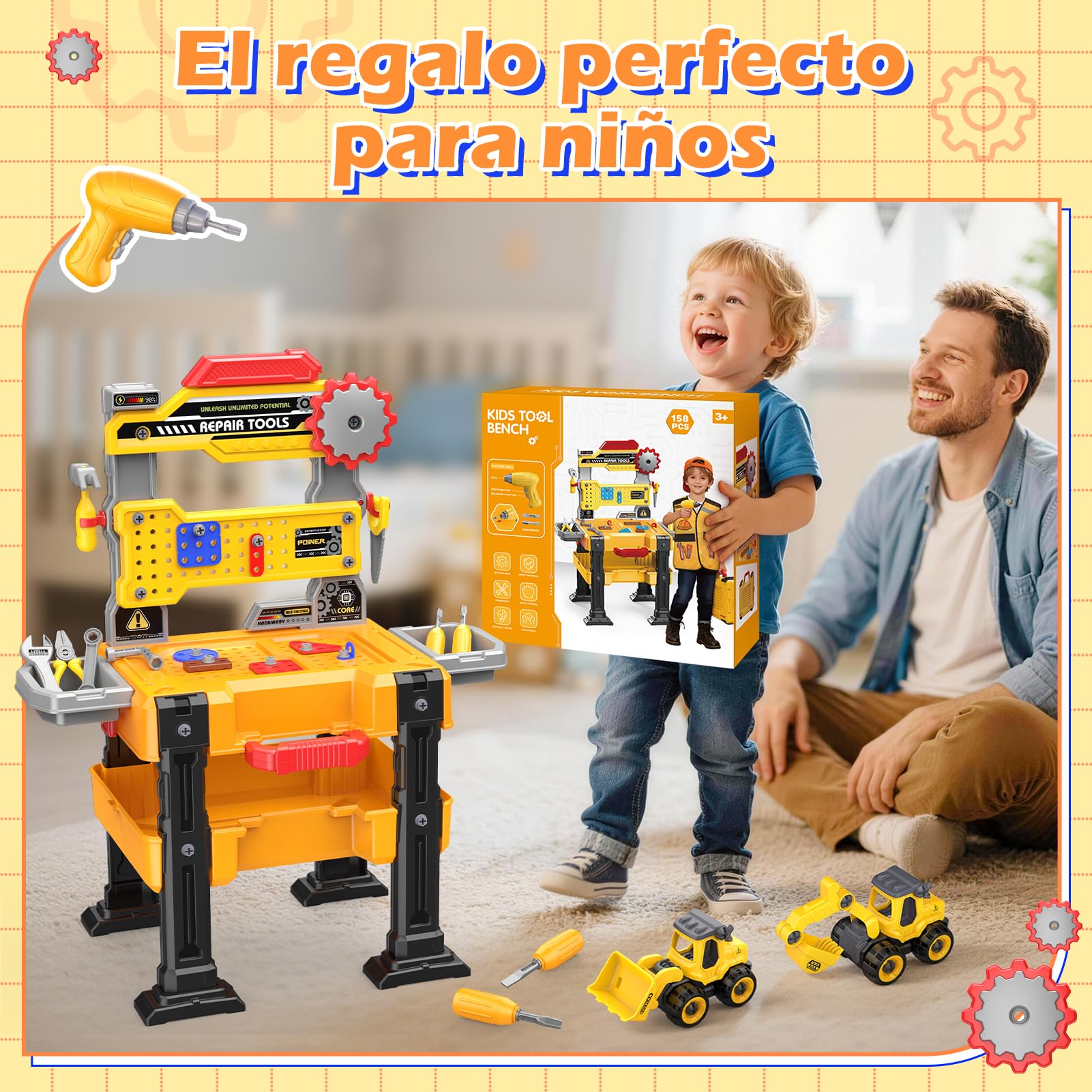 Juguetes para Niños 3 4 5 Años: Banco de Trabajo con Taladro Eléctrico Realista, Vehículos de Construcción Desmontables y Disfraz de Constructor Juguete Educativo STEM, Regalo para Niños de 3 a 5 Años